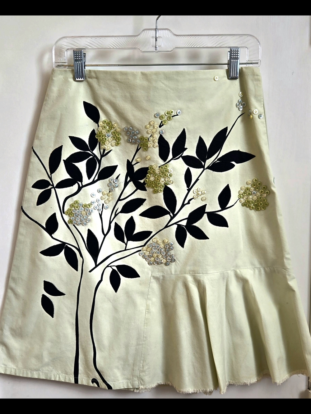 Odille Cream A-Line Skirt with Black Botanical Print and Button Accents